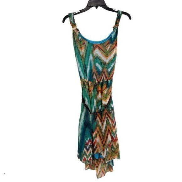 Bisou Bisou Mini Dress 12 Turquoise Sleeveless High Low Ruffle Southwestern - Picture 2 of 10